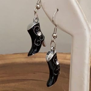 Enamel Dangle Western Rhinestone Cowboy Boot Earrings Black